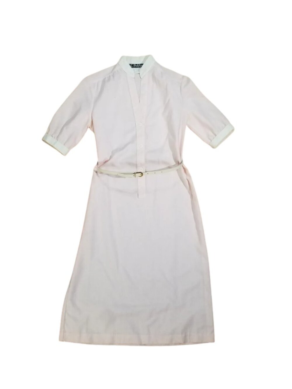 Vintage K.C. Petites Pink/White Dress Short Sleeve with White Leather Belt 50's